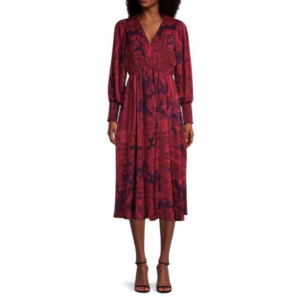 Kobi Halperin Cher Maureen V Neck  Printed Long Sleeves Midi Dress Dark Sz L - Picture 7 of 15
